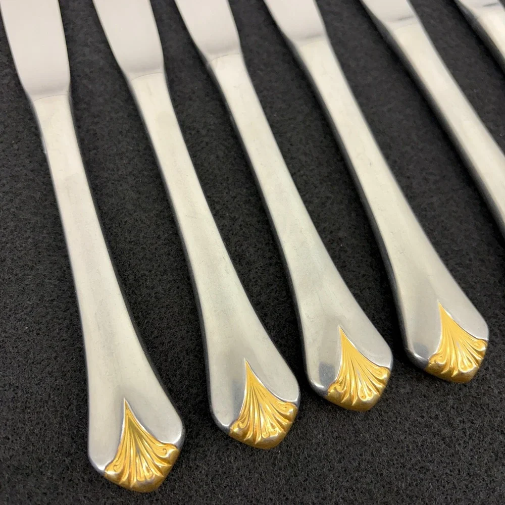 Set of 7 Yamazaki Cara‎ Gold Accent Stainless Table Knives Dining Flatware Japan
